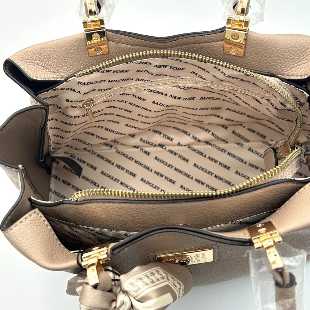 Badgley Mischka Satchel Handbag Women Medium Nude Vegan Leather Scarf Handle NEW
